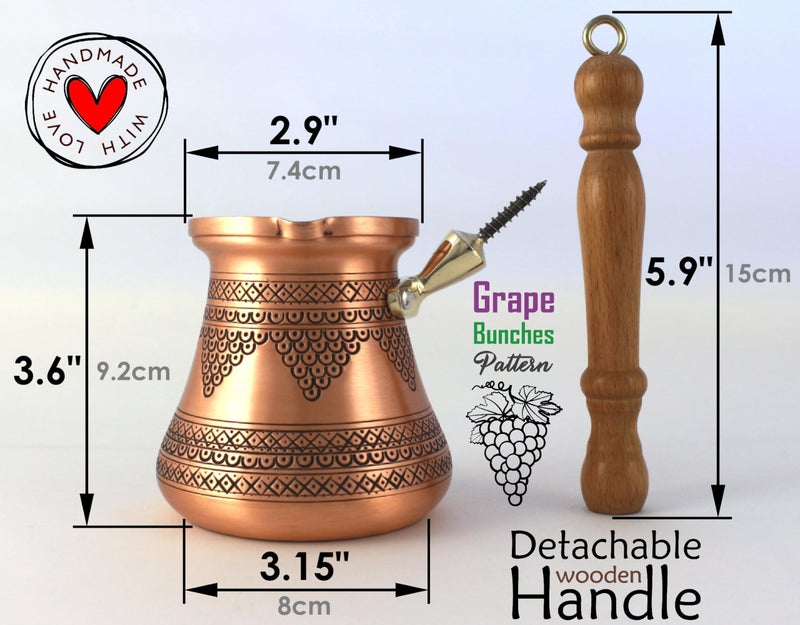 DEDE Copper - PCZ Series (Large-14fl.oz) - Thickest Solid Copper Engraved/Hammered Turkish Greek Arabic Coffee Pot with Wooden Handle, Stovetop Coffee Maker Cezve, Jezve, Jazva, Ibrik, Briki (Matte) - Image 4